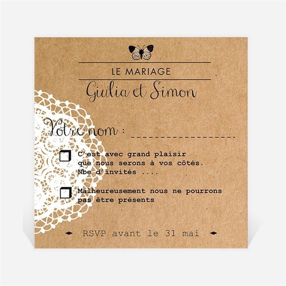 Carton réponse mariage Dentelle Kraft Papillon réf.N300335