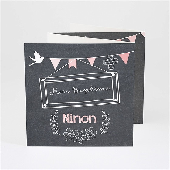 Faire-part de baptême fanions roses sur ardoise