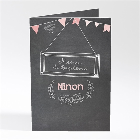 Menu baptême fanions roses sur ardoise