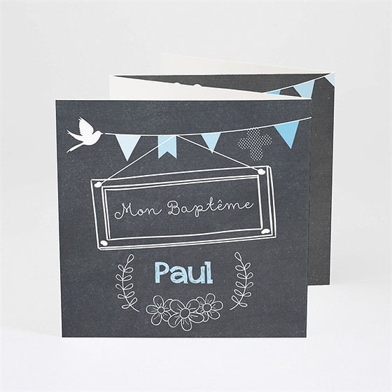 Faire-part de baptême fanions bleus sur ardoise