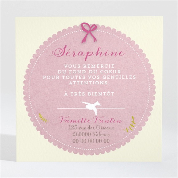 Remerciement naissance Petit nœud et dentelle fille réf.N300386