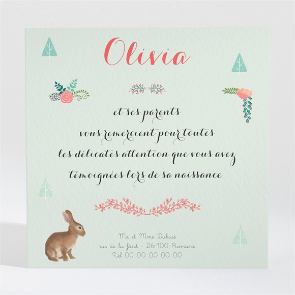 Remerciement naissance Petits animaux de la forêt réf.N300411