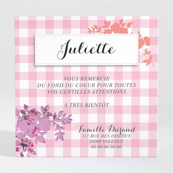 Remerciement naissance Petit Damier Rose avec photo réf.N300418