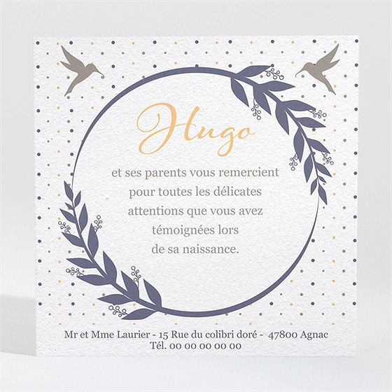 Remerciement naissance médaillon oiseau garçon