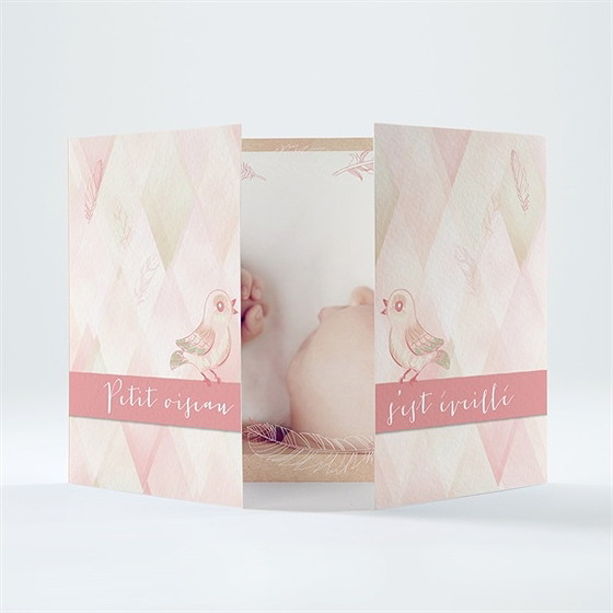 Faire-part naissance losanges graphique et oiseaux
