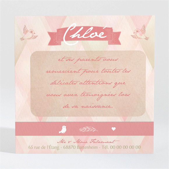 Remerciement naissance Losanges graphique et oiseaux réf.N300444