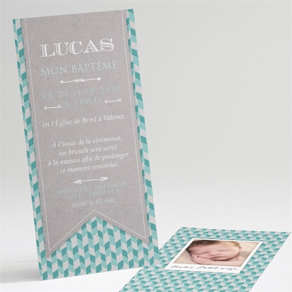 Faire-part de baptême Fanions et mosaïque bleu réf.N22127