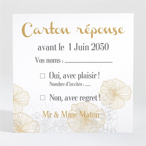Carton réponse anniversaire de mariage jardin de fleurs dorées réf.N300492
