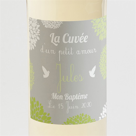 Etiquette de bouteille baptême cadre végétal chic
