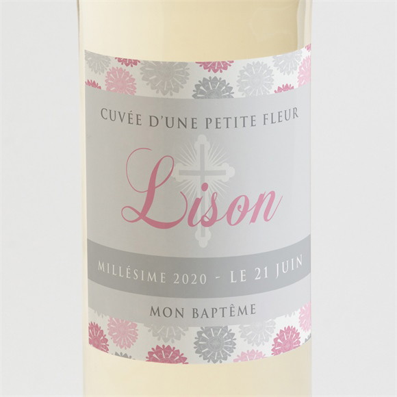 Etiquette de bouteille baptême Fete des pois roses réf.N300585