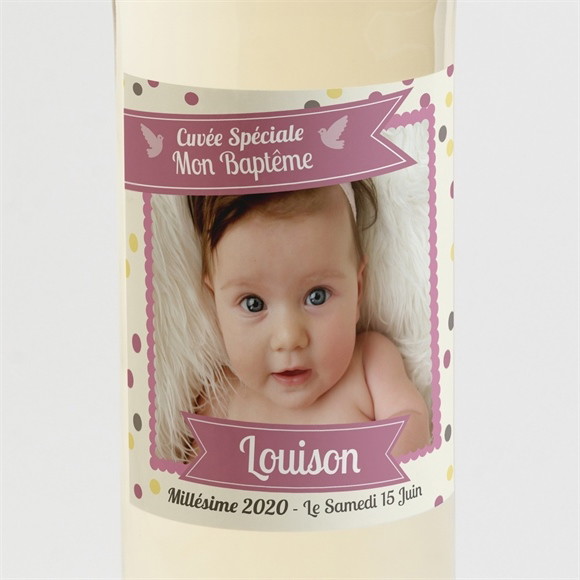 Etiquette de bouteille baptême Pois et confettis fille réf.N300587