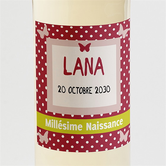 Etiquette de bouteille naissance cadre papillon