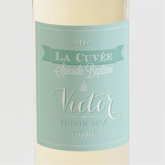 Etiquette de bouteille baptême Faire part vert d'eau réf.N300613