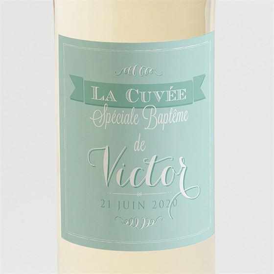 Etiquette de bouteille baptême faire part vert d'eau