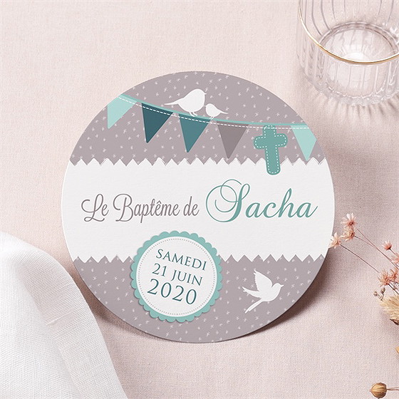 Faire-part de baptême colombe et banderoles