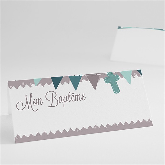 Marque-place baptême colombe et banderoles