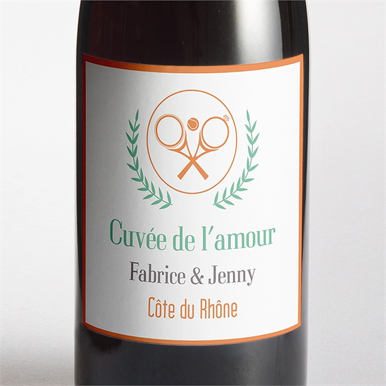 Etiquette de bouteille mariage note partie de tennis