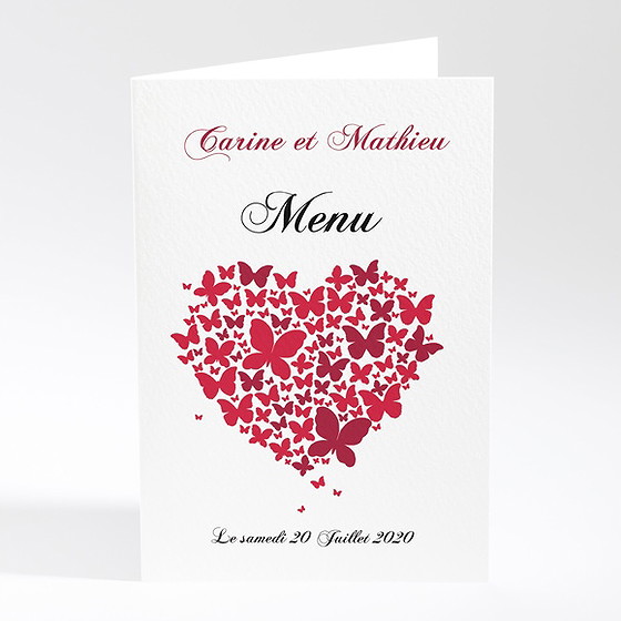Menu mariage papillons en coeur