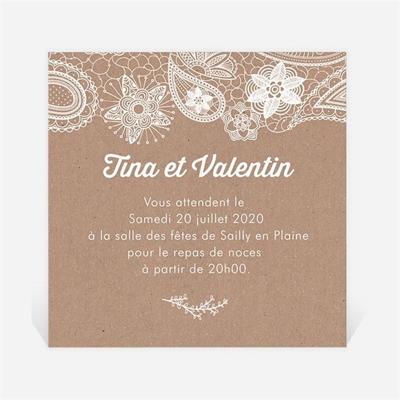 Carton d'invitation mariage Kraft dentelle blanche réf.N300743