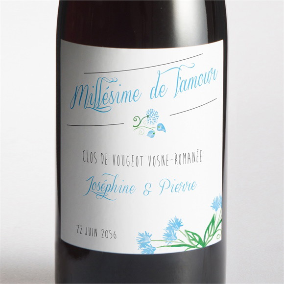 Etiquette de bouteille mariage Fleurs bleues et vertes réf.N300928