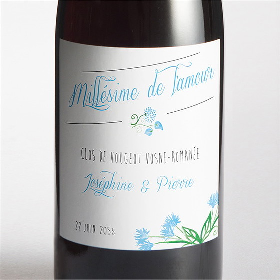 Etiquette de bouteille mariage fleurs bleues et vertes