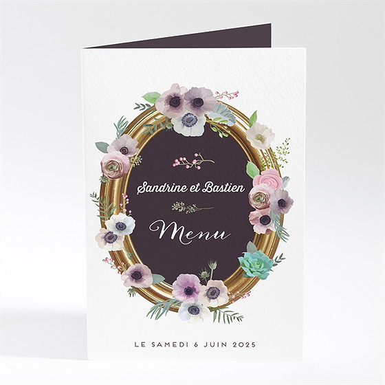 Menu mariage couronne fleurs violettes