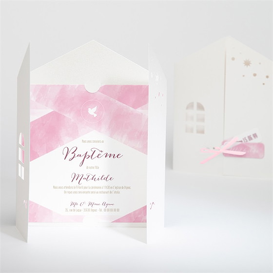Faire-part de baptême tendre aquarelle rose