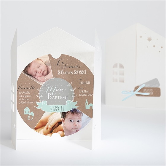 Faire-part de baptême pictos rond et kraft