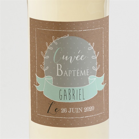 Etiquette de bouteille baptême Pictos rond et kraft réf.N3001102