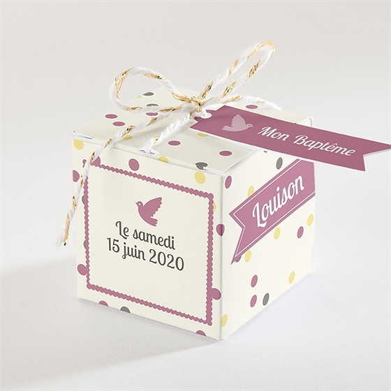 Boîte de dragées baptême pois et confettis fille