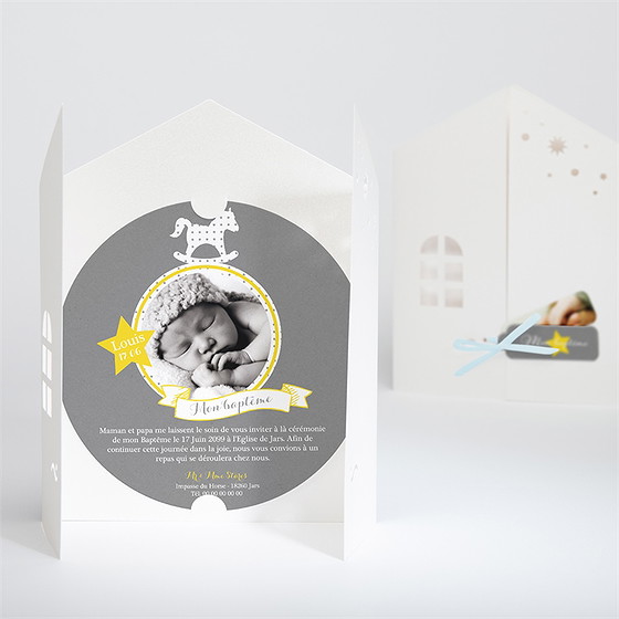 Faire-part de baptême cheval à bascule ardoise