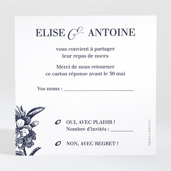 Carton réponse mariage Gravure bleu foncé réf.N3001232