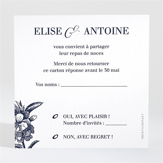 Carton réponse mariage gravure bleu foncé