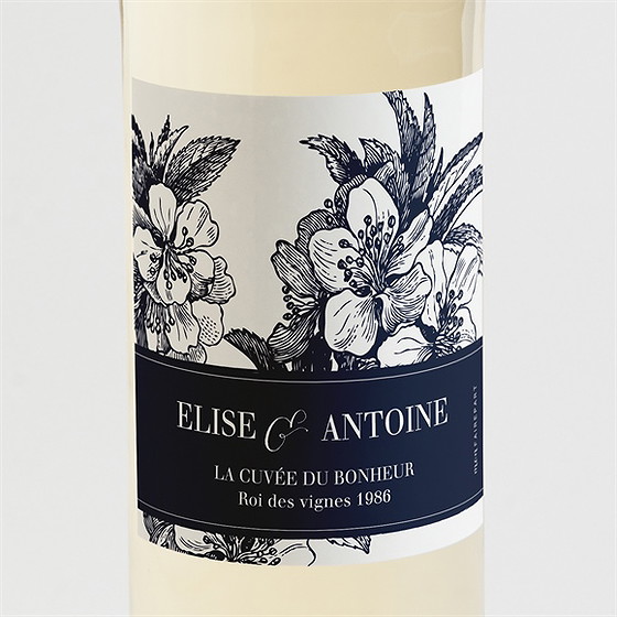 Etiquette de bouteille mariage gravure bleu foncé