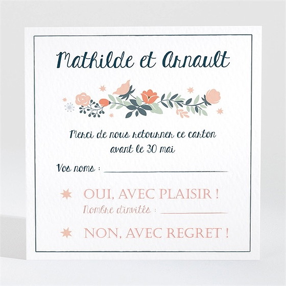 Carton réponse mariage encadrement bleu et saumon