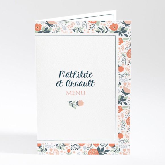 Menu mariage Encadrement bleu et saumon réf.N401754