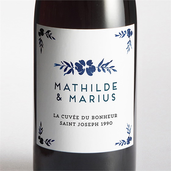 Etiquette de bouteille mariage aquarelle bleue