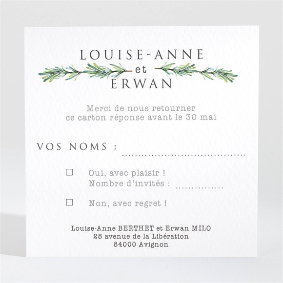 Carton réponse mariage Poésie et photo réf.N3001376