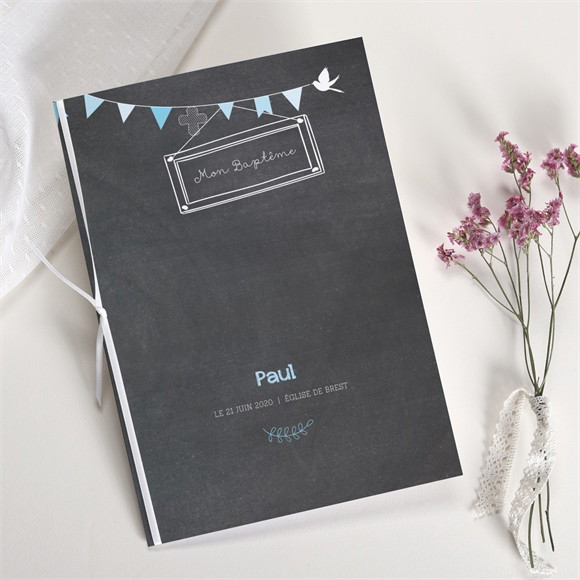 Livret de messe baptême Fanions bleus sur ardoise réf.N49154