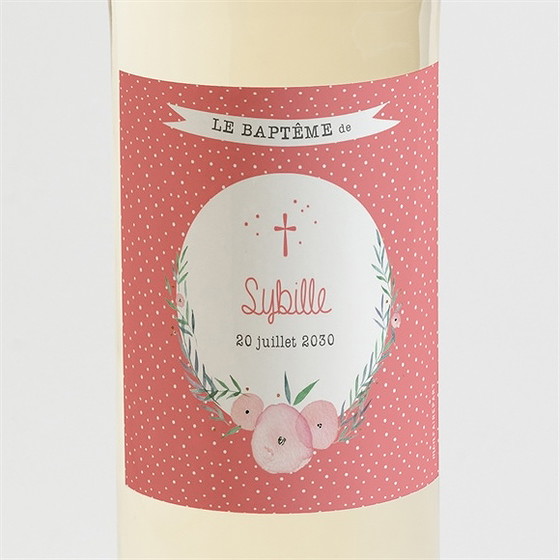 Etiquette de bouteille baptême motifs et fleurs