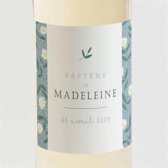 Etiquette de bouteille baptême cadre végétal
