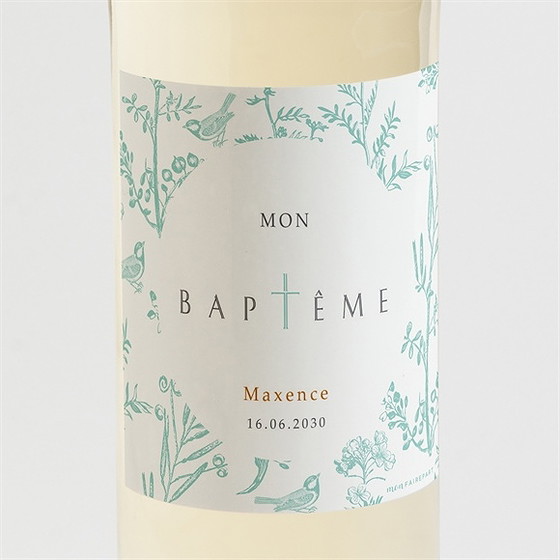 Etiquette de bouteille baptême gravure en rond