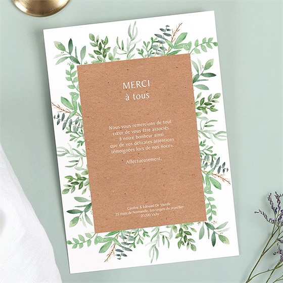 Remerciement mariage feuillage d'été