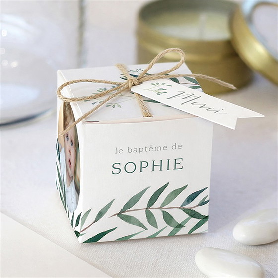 Boîte de dragées baptême jolie annonce champêtre