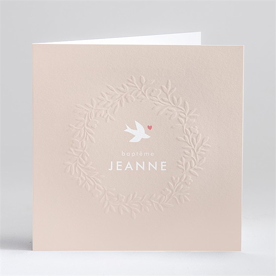 Faire-part de baptême colombe beige rosé