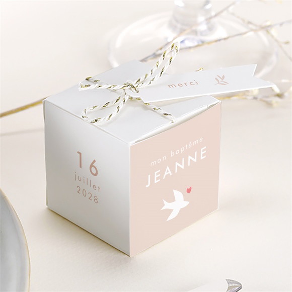 Boîte de dragées baptême Colombe beige rosé réf.N340276