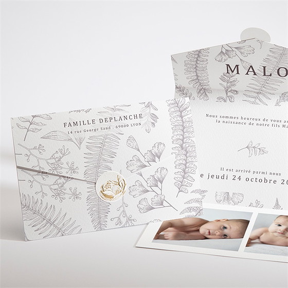 Faire-part naissance gravure gris perle