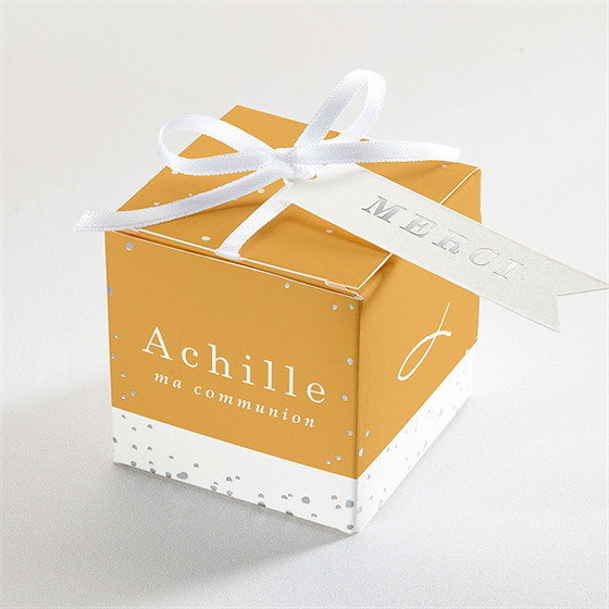 Boîte de dragées communion jaune et or