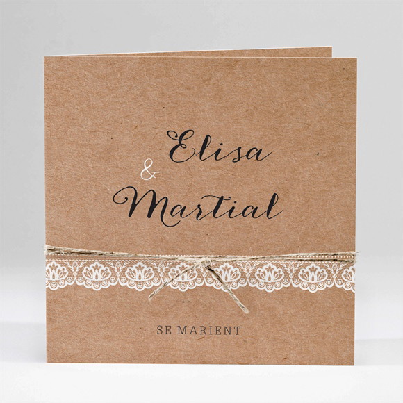Faire-part mariage Kraft et dentelle carré plié réf.N451267