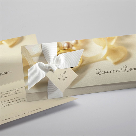 Faire-part mariage Alliances fond crème ruban réf.N94131